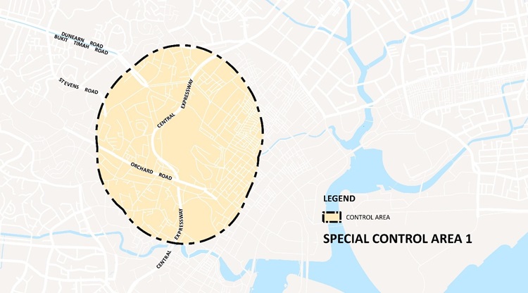 Map of Singapore with a dashed circle around the city center, labeled "Special Control Area 1".
